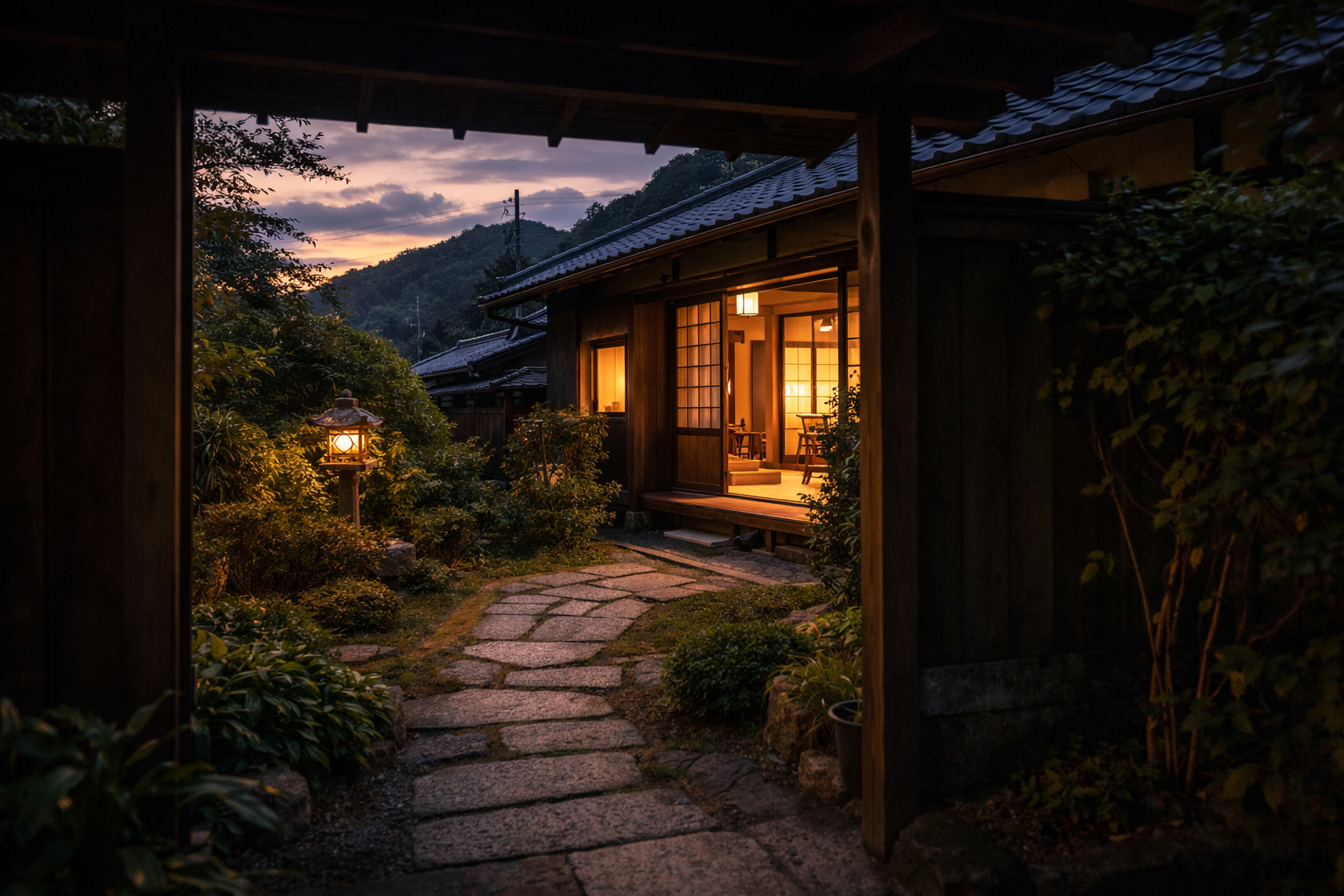 Traditional Japanese house entrance through gate at dusk